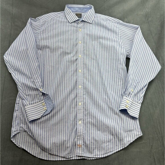 Thomas Dean Button Long Sleeve Striped Dress Shirt Mens XXL Flip Cuff Blue White - Picture 1 of 9